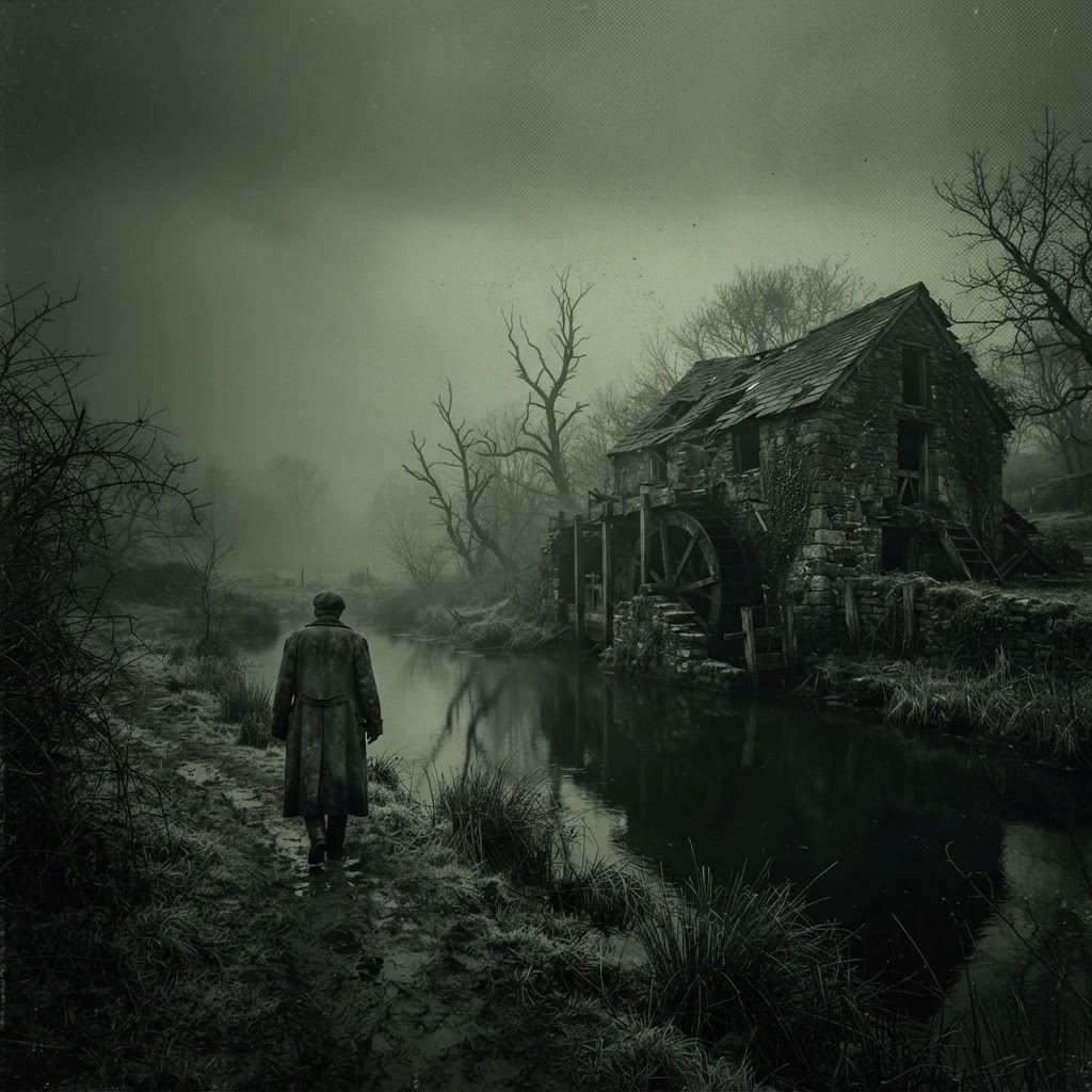 An abandoned English watermill and bare trees reflected in a dark pond