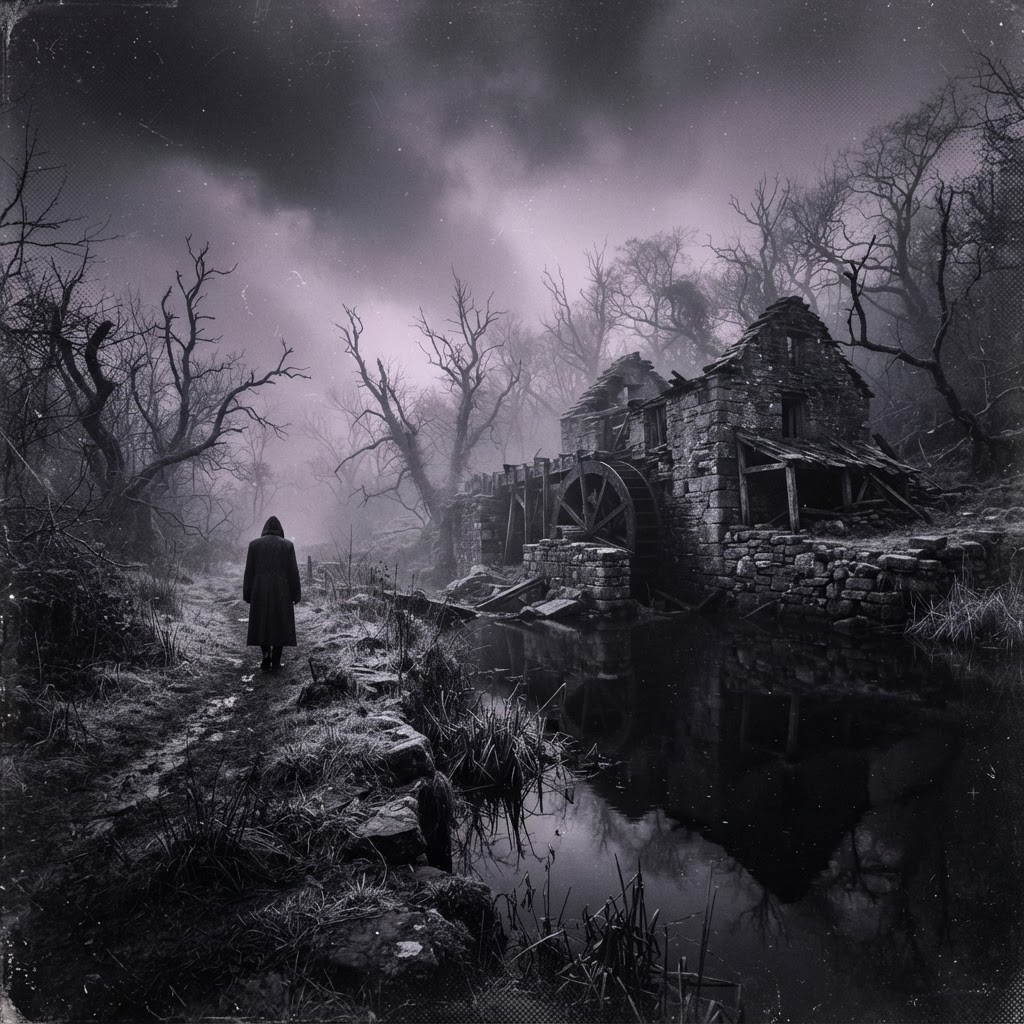 An abandoned English watermill and bare trees reflected in a dark pond